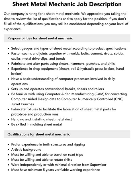 sheet metal technician job description|sheet metal workers needed.